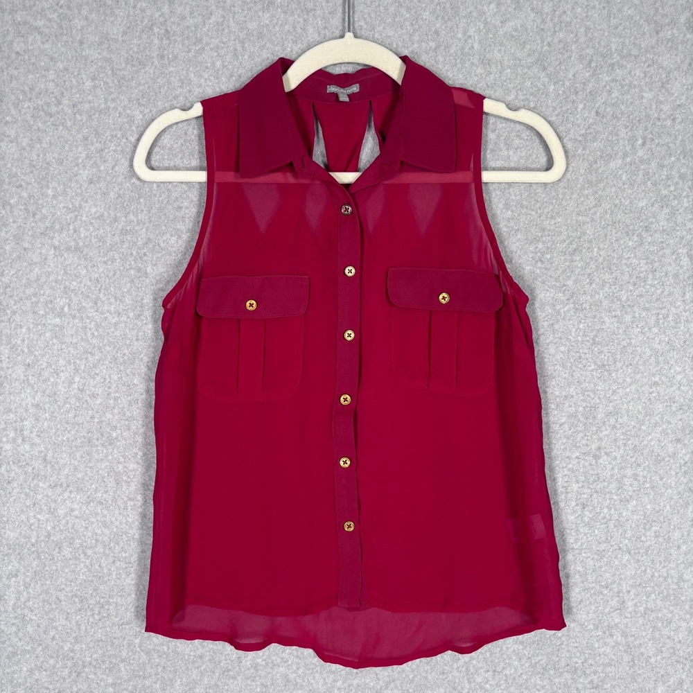 Y2K Charlotte Russe Sleeveless Blouse XS Burgundy Red Sheer Cutout Back Preppy